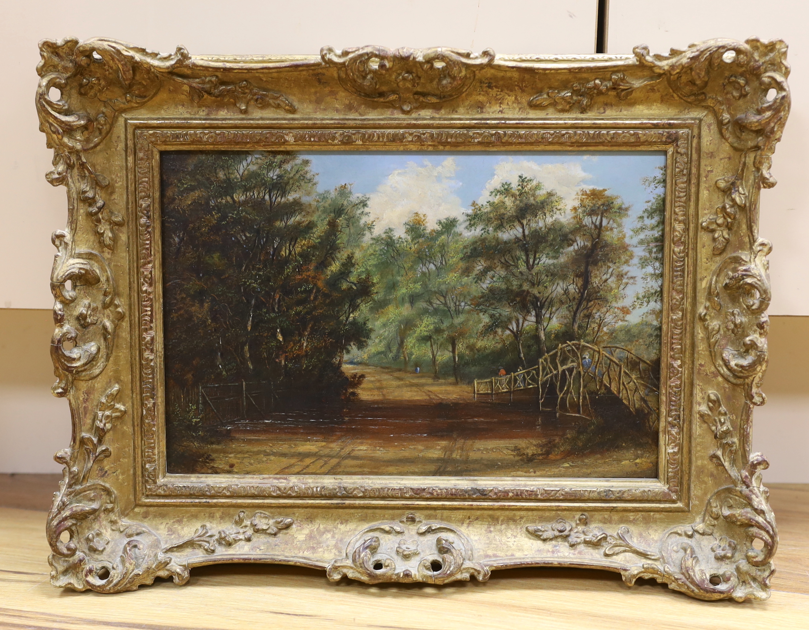 William Phillip Barnes Freeman (1813-1897), oil on board, 'Costessey Bridge', unsigned details verso, ornate gilt frame, 19 x 29cm	